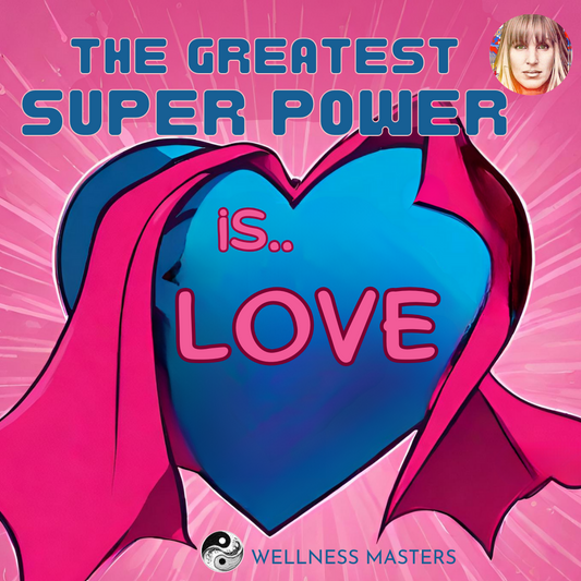 blue heart with a red cape with the words the greatest super power is love